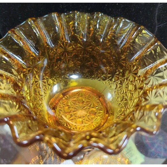 L.E.‎ SMITH Daisy & Button Pattern Amber Orange Ruffled Glass Bowl Candy Dish - Picture 2 of 7